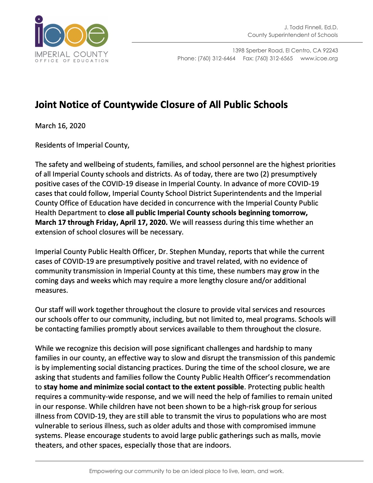 Joint Notice of Countywide Closure of All Public Schools COVID19